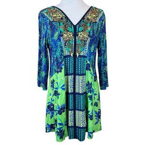 Soft Surroundings 3/4 Sleeve Embroidered Beaded Blue Green V-Neck Tunic M
